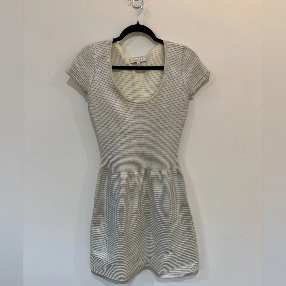 Sandro Short Sleeve Metallic Fit and Flare Dress